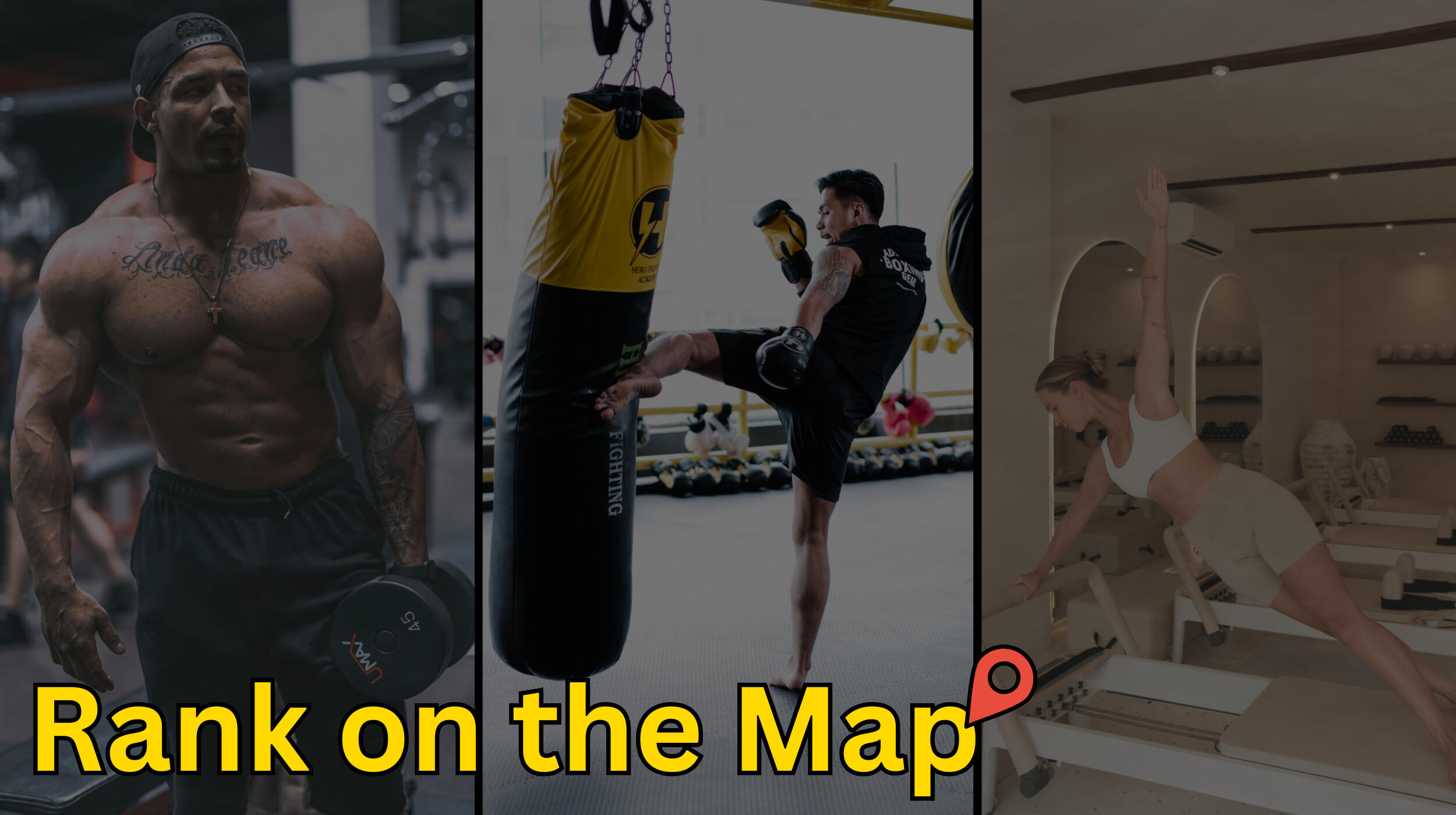 Rank on the Map Homepage Banner Image of a weight lifter, kickboxer and pilates practioner in the form of a collage image