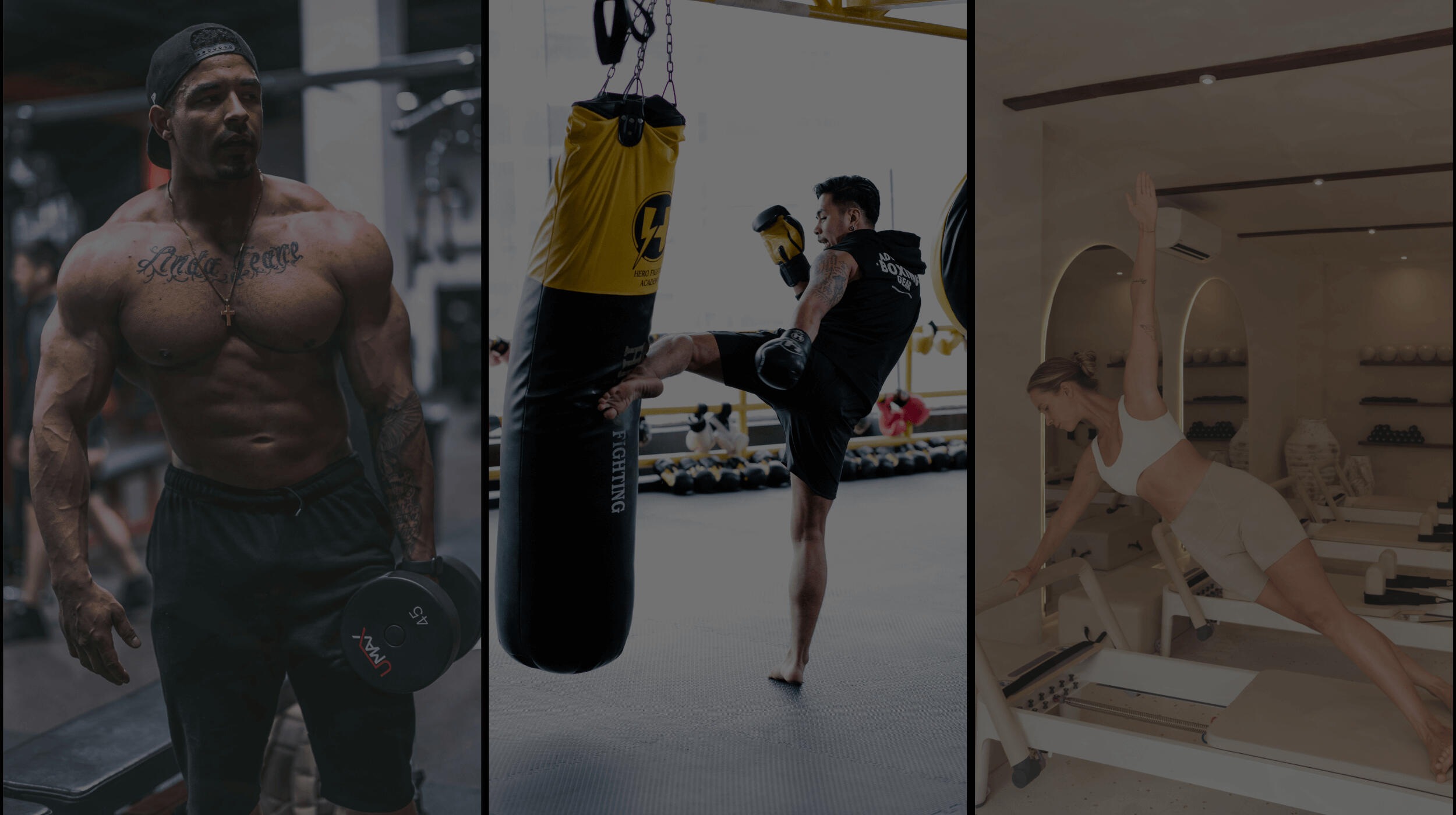 Rank on the Map Homepage Banner Image of a weight lifter, kickboxer and pilates practioner in the form of a collage image