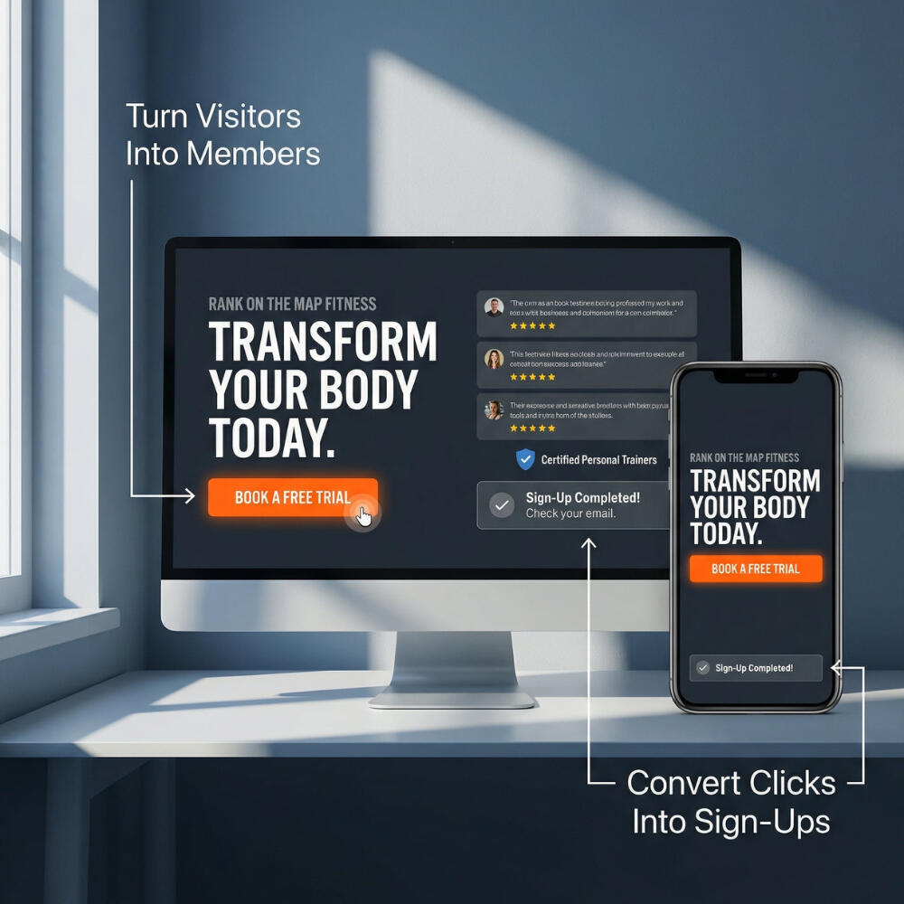 Boost Website Conversion Service Image An image of a lead generation page that was created and optimised by Ranked on the Map for a local independent gym. The page appears on both the desktop and mobile screen with benefit text exaplaining the outcomes.